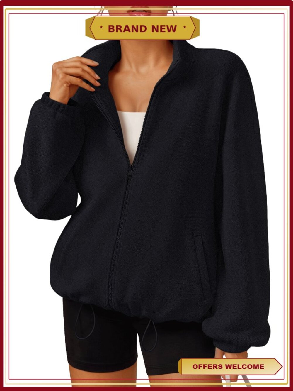 Womens Fleece Jacket Zip Up Oversized Sweatshirt Sherpa Winter Coat